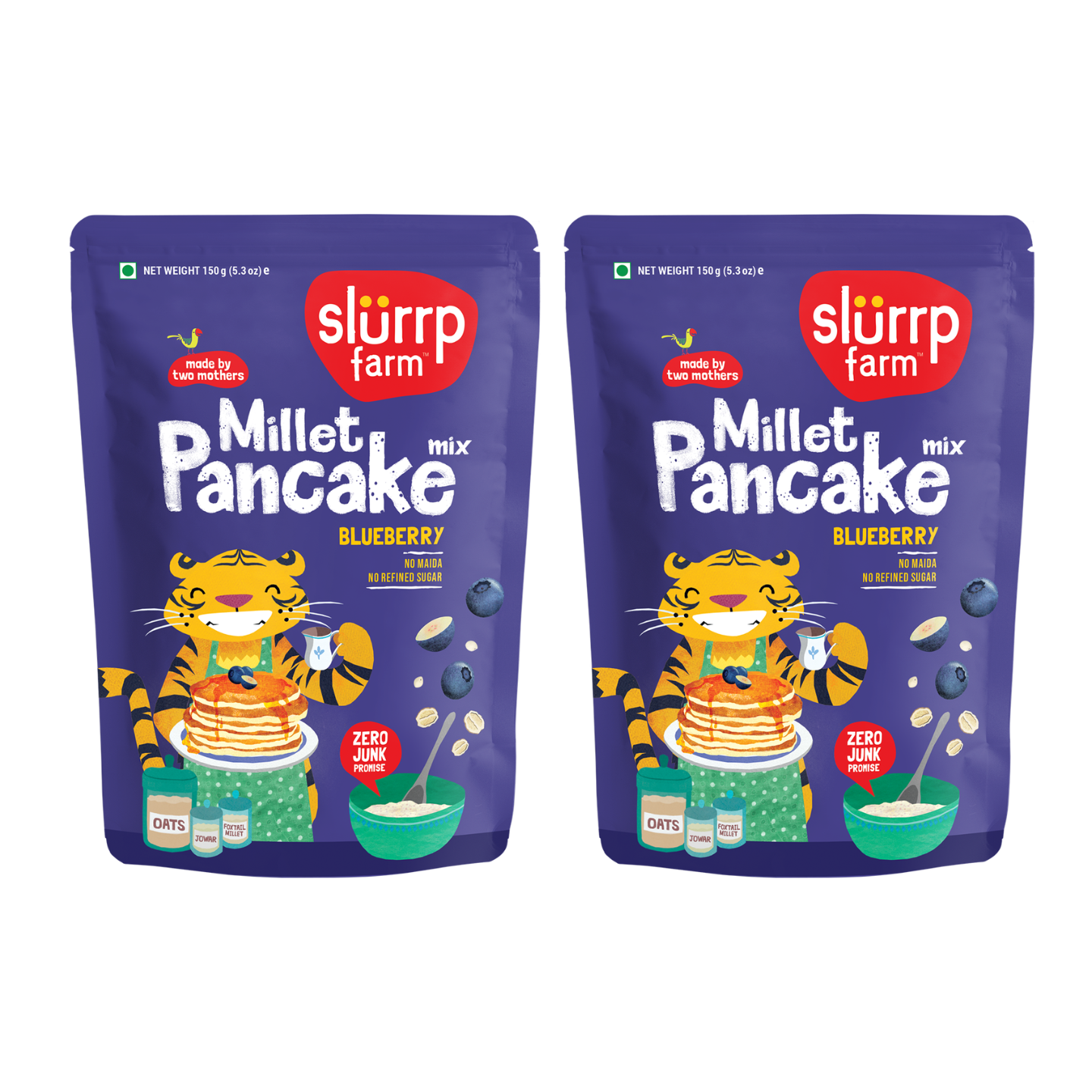 Two packages of Slurrp Farm Millet Pancake Mix with a tiger character