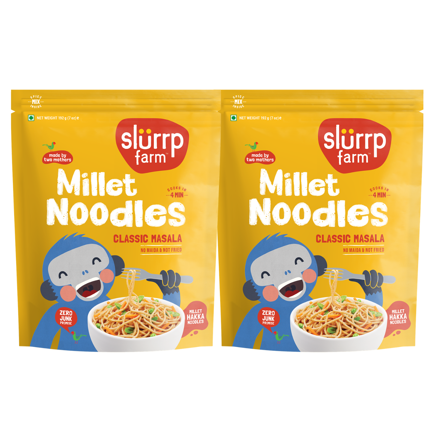 Two packages of Slurrrp Farm Millet Noodles Classic Masala 