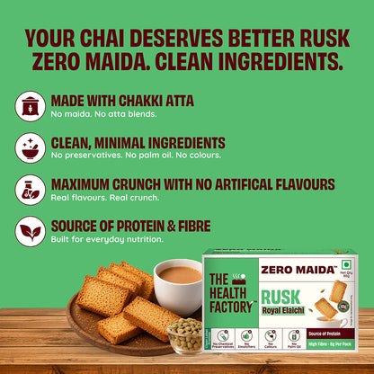 Promotional graphic for The Health Factory Zero Maida Rusk Royal Elaichi