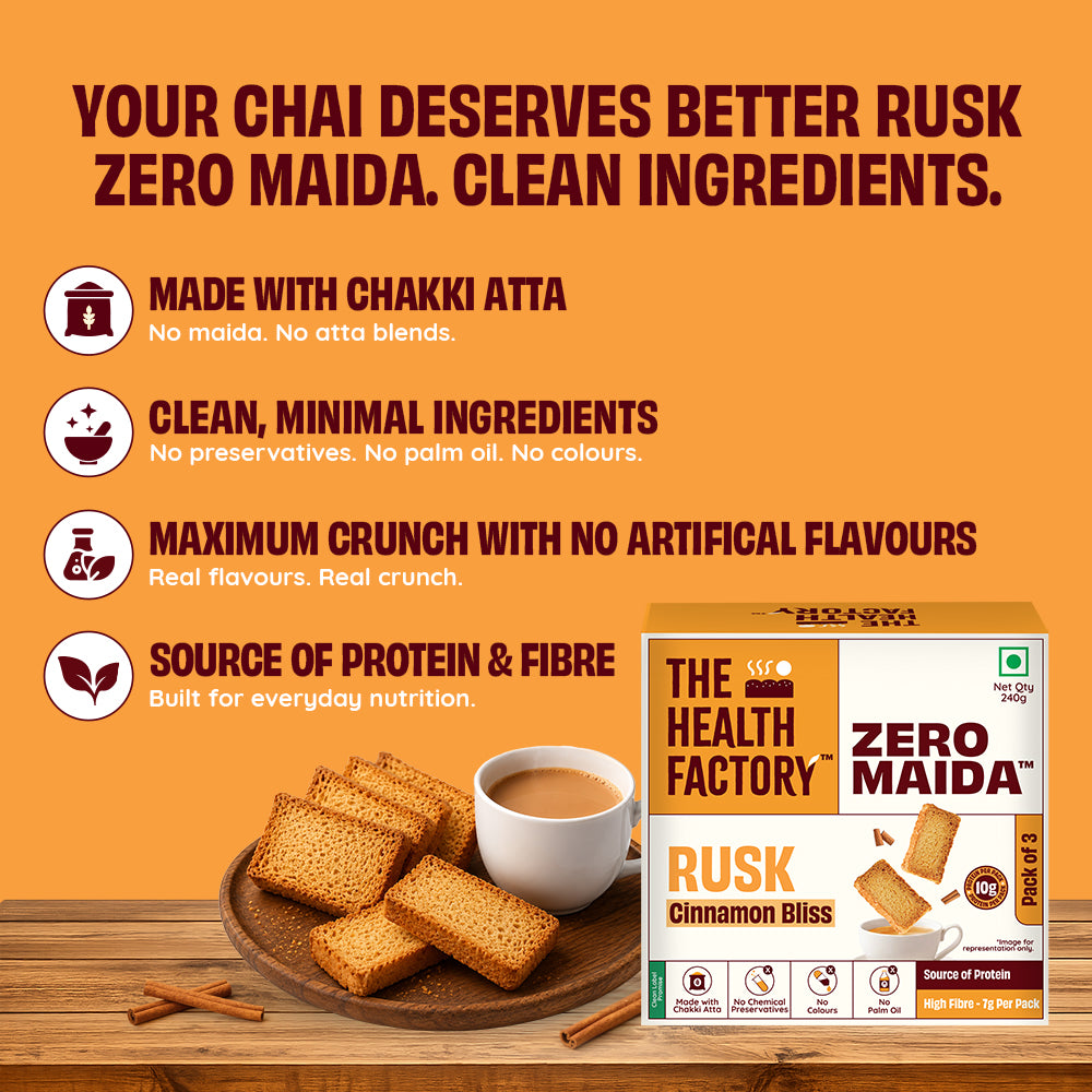 Promotional graphic for The Health Factory Zero Maida Rusk Cinnamon Bliss
