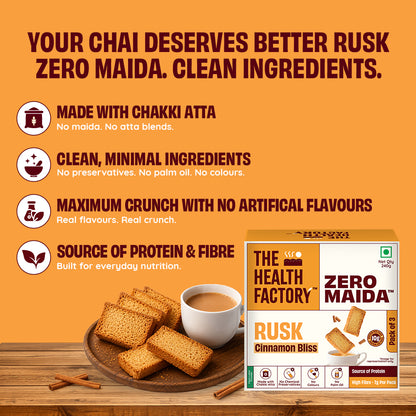 Promotional graphic for The Health Factory Zero Maida Rusk Cinnamon Bliss