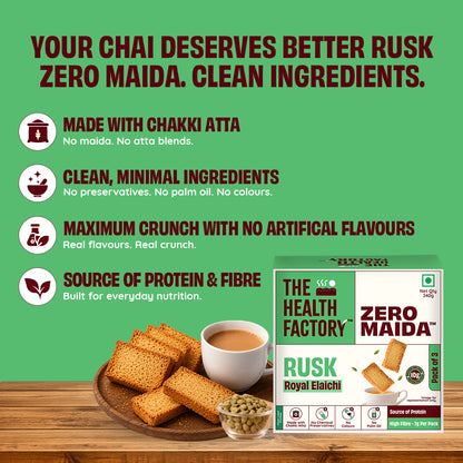 Promotional graphic for The Health Factory Zero Maida Rusk (Royal Elaichi) 