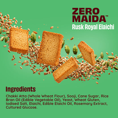 Promotional graphic for Zero Maida Rusk Royal Elaichi