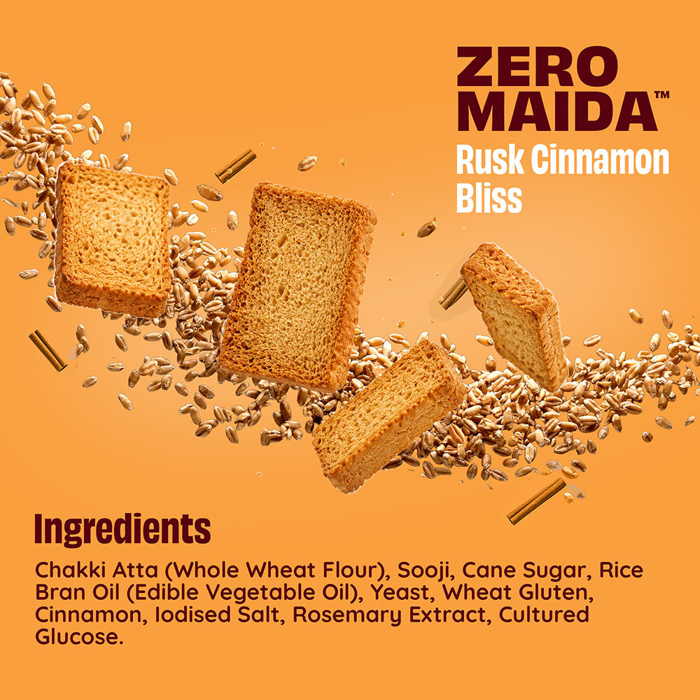 Zero Maida Rusk Cinnamon Bliss snack crackers shown floating 