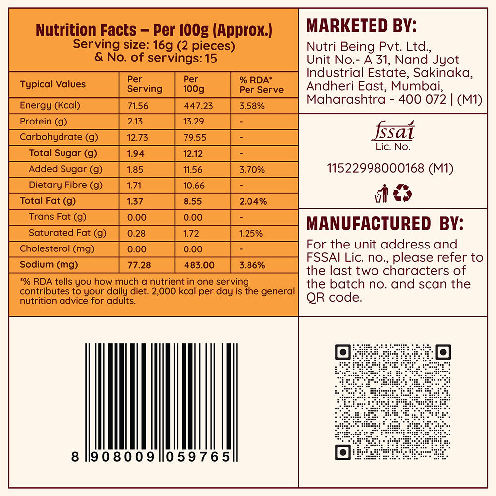 A Nutrition Facts label card for a 16g snack pack, showing serving 