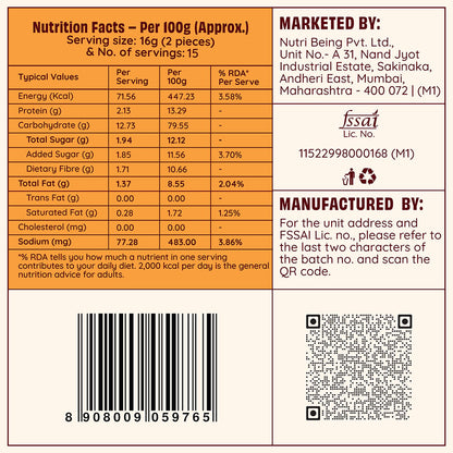 A Nutrition Facts label card for a 16g snack pack, showing serving 