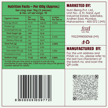 A green and white Nutrition Facts label for Nutri Being Pvt. Ltd.