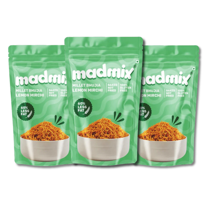 Three green packages of madmix food product 