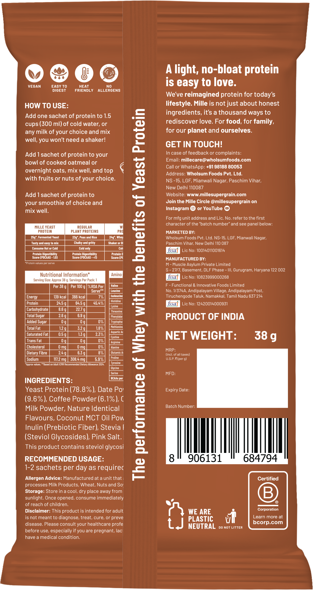 Mille Yeast Protein Coffee Hazelnut Single Serve | 3 x 38g
