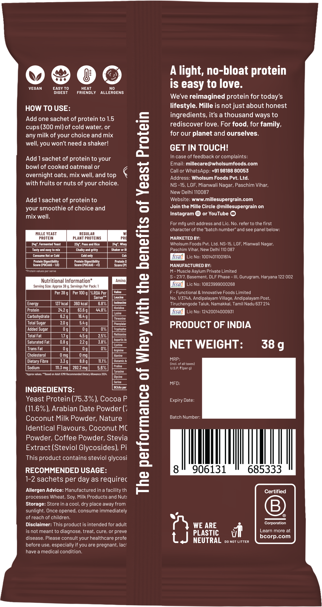 Mille Yeast Protein Dark Chocolate Single Serve | 3 x 38g