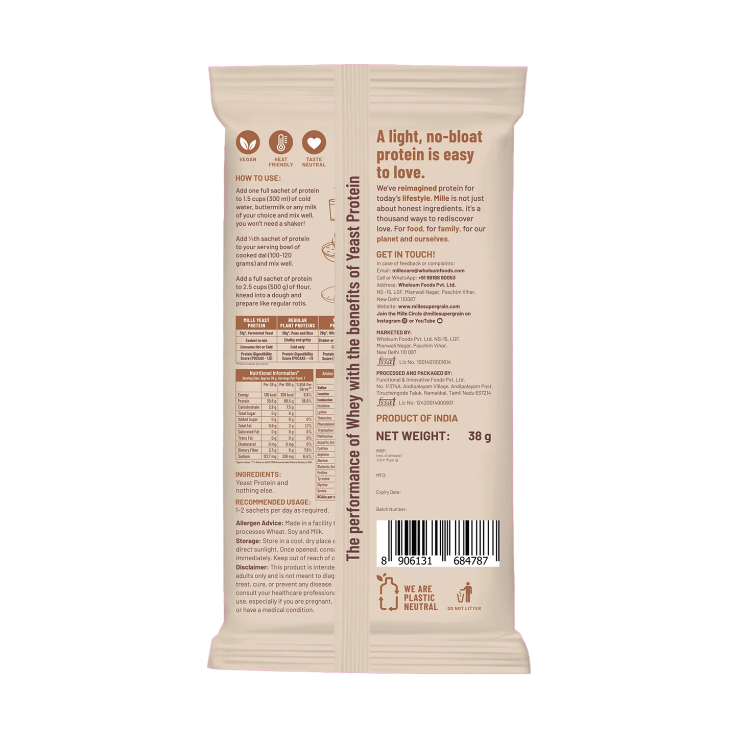 Mille Plant Protein - Unflavoured - Single Serve Pack of 3 - 38g each