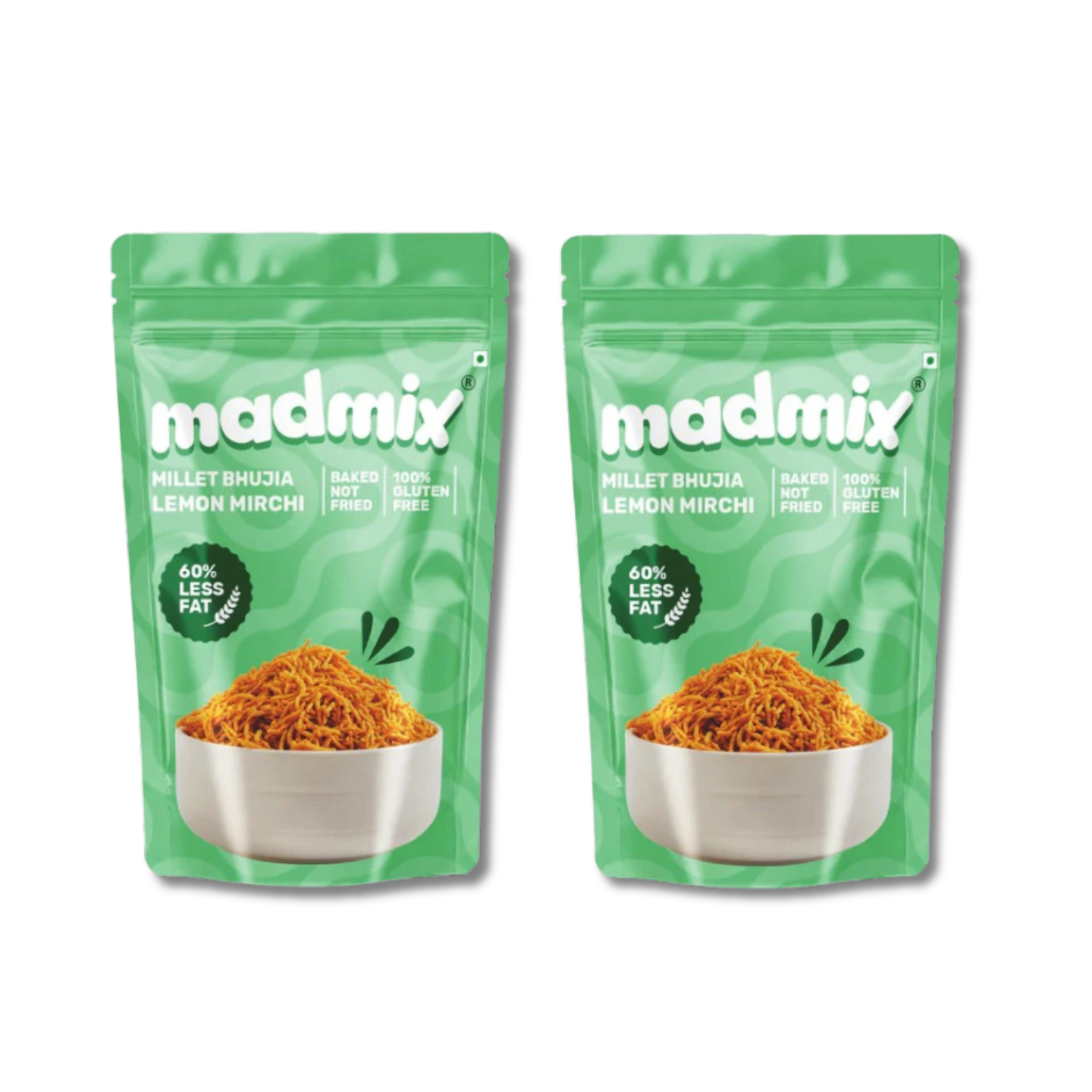 Two green packages of madmix Millet Bhel Mix 